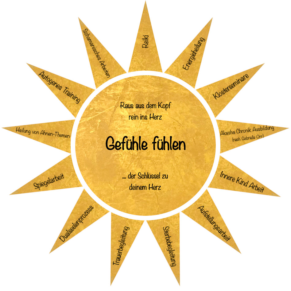 Bewusstseinsprozess - Gefühle fühlen - der Schlüssel zu allem, Reiki, Energieheilung, Klosterseminare, Akasha Chronik Ausbildung, Innere Kind Arbeit, Aufstellungsarbeit, Sterbebegleitung, Trauerbegleitung, Dualseelenprozess, Spiegelarbeit, Heilung von Ahnen-Themen, Autogenes Training, Schamanisches Arbeiten